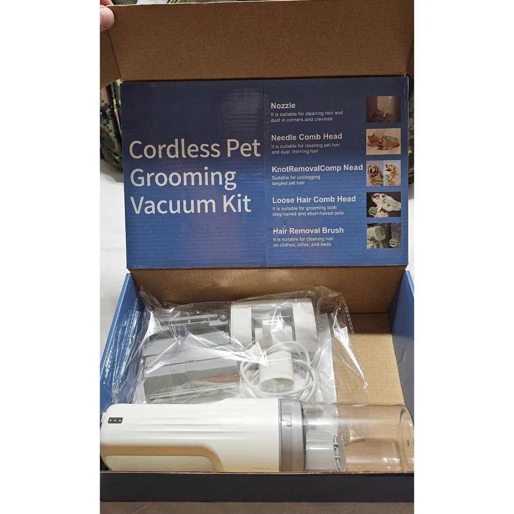 Wireless Pet Grooming Vacuum Kit Cordless 3-Speed Handheld 5 Attachments White